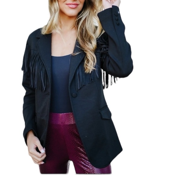 NWT Free People X Blank NYC Show Stopper Black Fringe Blazer Size Large - Picture 3 of 10